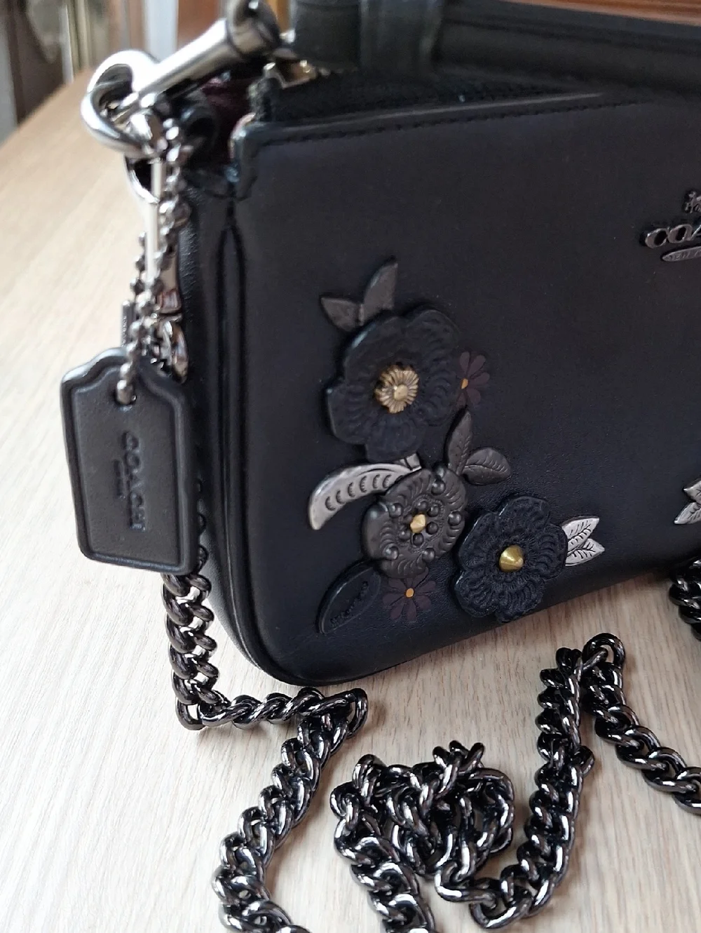 Coach Black Leather Floral Appliqué Chain Crossbody Bag